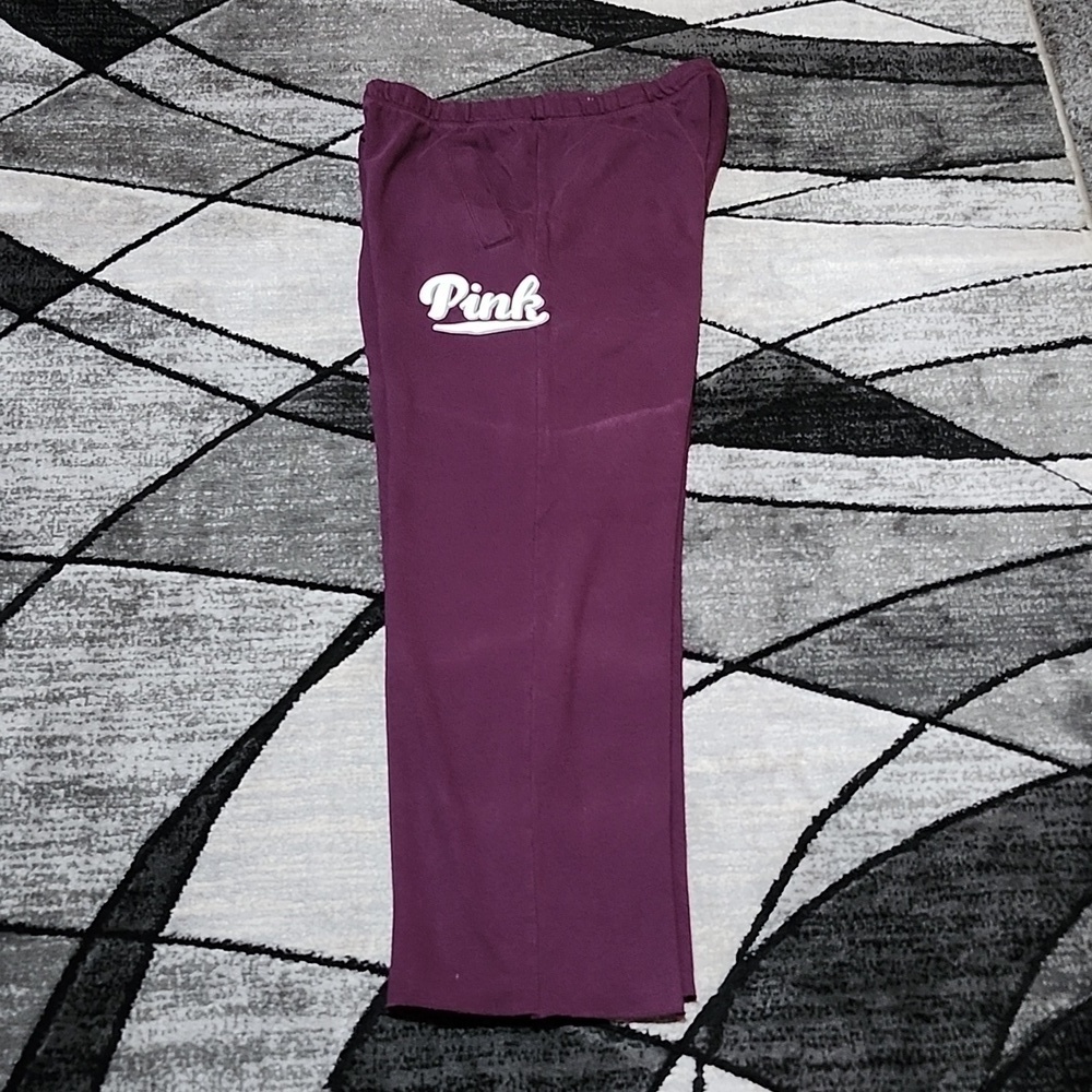 VINTAGE VS PINK MAROON RAW-EDGE WIDE-LEG OVERSIZED EMBROIDERED POCKETS SWEATPANT